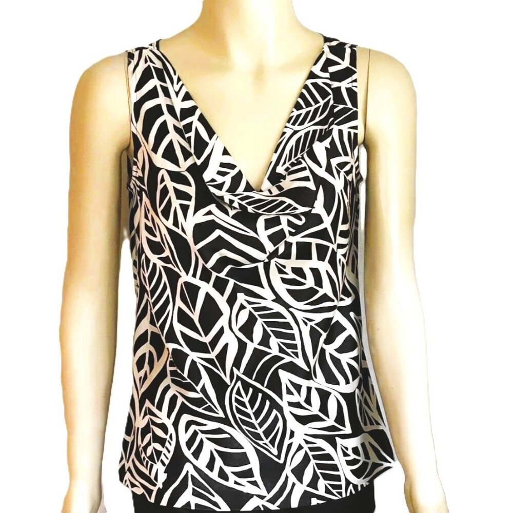 Talbots Vintage Pure Silk Cowl Neck Black White Leaf Print Sleeveless Blouse 6
